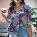 Purple Rose Peace Sign Shaped Vintage Blouse | Casual Loose Shirt | Long Sleeve Plus Size Casual Shirt