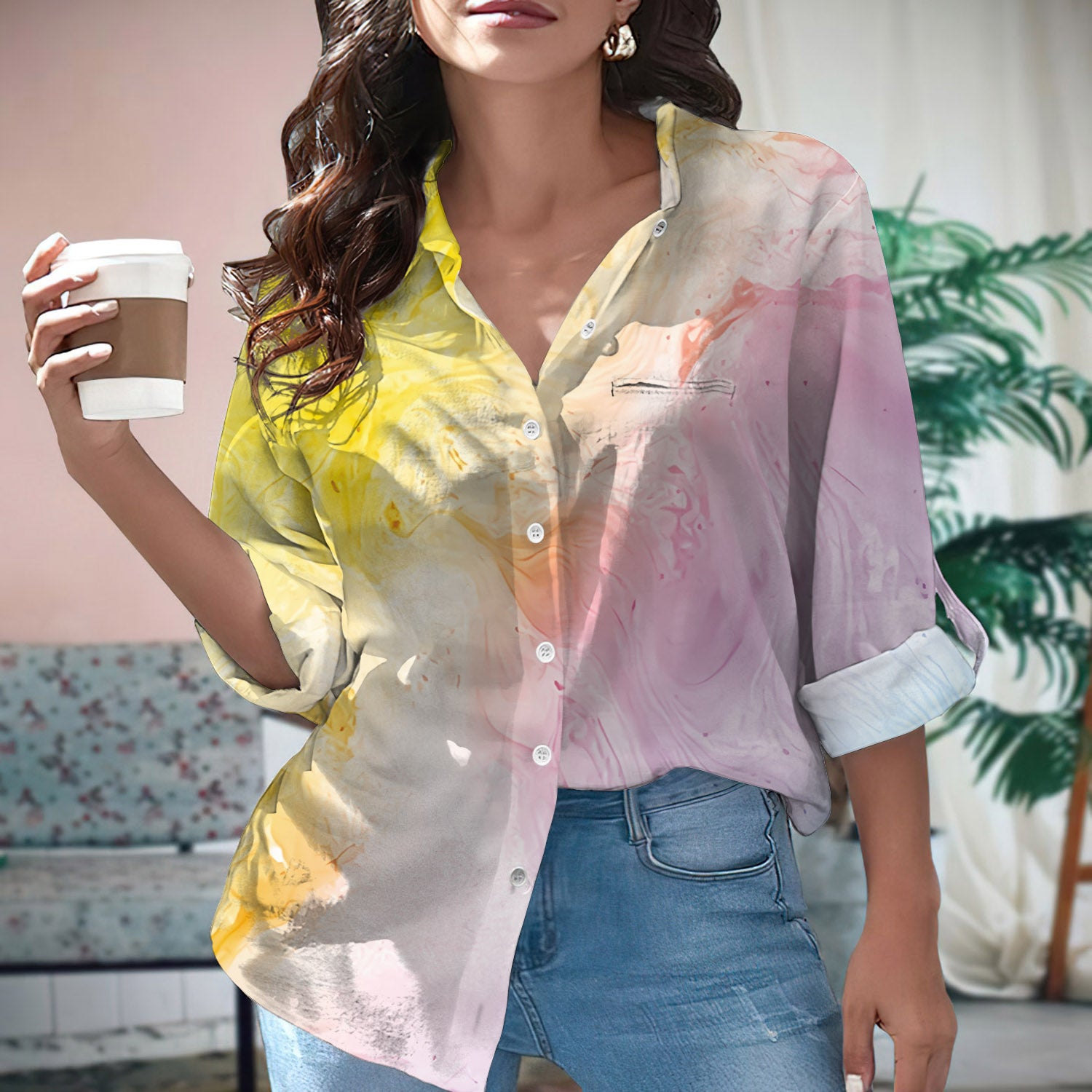 Rainbow Tie Dye Comfortable Vintage Blouse | Casual Loose Shirt | Long Sleeve Plus Size Casual Shirt