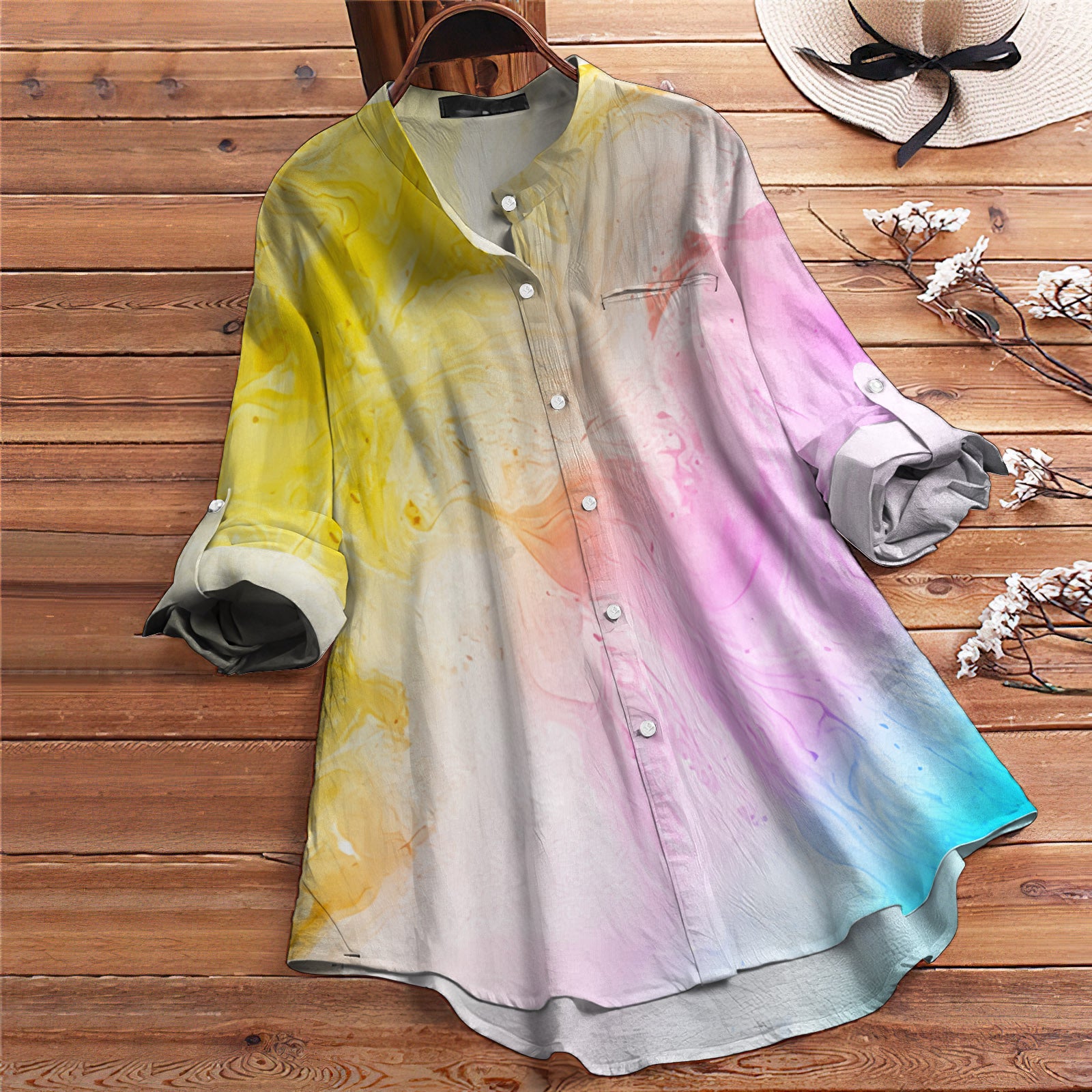Rainbow Tie Dye Comfortable Vintage Blouse | Casual Loose Shirt | Long Sleeve Plus Size Casual Shirt